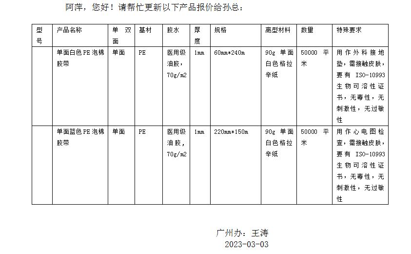 单面PE泡棉胶带（医用级油胶）